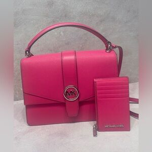 Michael Kors Greenwich Top Handle Satchel & Matching Wallet Dragonfruit Pink